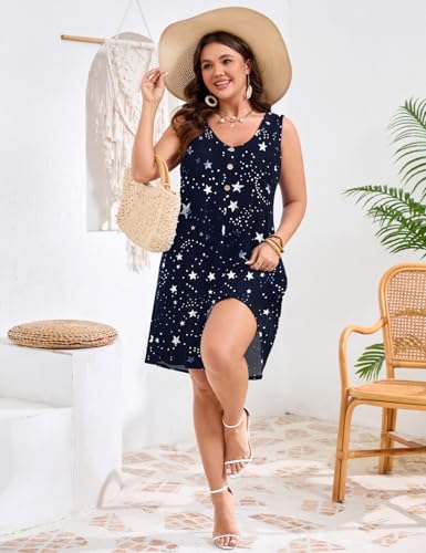 Image of JollieLovin Women Plus Size Summer Sundress Tank Sleeveless V Neck Beach Swing Dress Swimsuit Cover ups(L-5X)