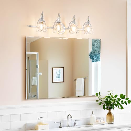 Image of 4 Light Brushed Nickel Bathroom Light Fixture, Antique Vanity Light with Flower Glass Shade, Bathroom Vanity Light Over Mirror, Farmhouse Sconces Wall Lighting for Hallway Livingroom Bedroom
