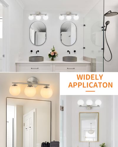Image of foucasal Brushed Nickel Bathroom Light Fixtures Globe Vanity Light with Plastic Milk White Globe Shades 3-Light Wall Sconce Lighting above Mirror Vanity Lights for Bathroom Bedroom Hallway Living Room