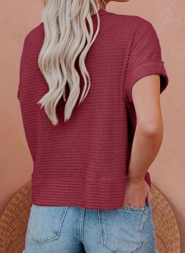 Image of Dokotoo Womens Summer Tops 2026 Waffle Knit Button Down Shirts | Trendy,V Neck,Loose Fit,Jacket,Short Sleeve,Summer Cardigan,Cropped,Shacket,Going Out Outfits,Dressy