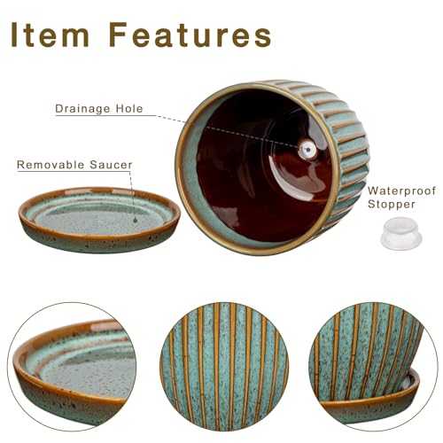 Oairse Set of 2 Ceramic Plant Pots 13CM 15CM Green Ceramic Planter with Drainage Holes and Saucers Decorative Stripe Plant Pots Indoor Modern Flower Pots for Succulent Cactus Orchid House Plants - Image 3