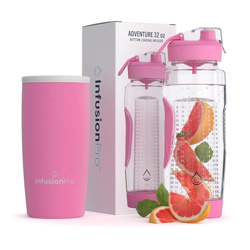 Infusion Pro 32 oz Fruit Infuser Water Bottle with Insulated Sleeve & 50 Recipe Fruit Infusion Water eBook : Bottom Loading, Large Water Infuser for More Flavor : Unique Gift Idea for Women