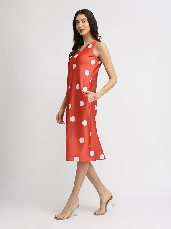 Image of FableStreet Women Party Dress | Elegant A-Line Fit Midi Length V-Neck Sleeveless | Lustrous Satin Fabric for Evening Gatherings & Celebrations