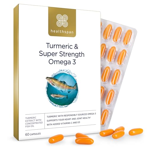 Healthspan Turmeric & Omega 3 | 60 Capsules | Added Vitamin C & Vitamin D3 | Heart, Joint & Bone Health | Sustainably Sourced