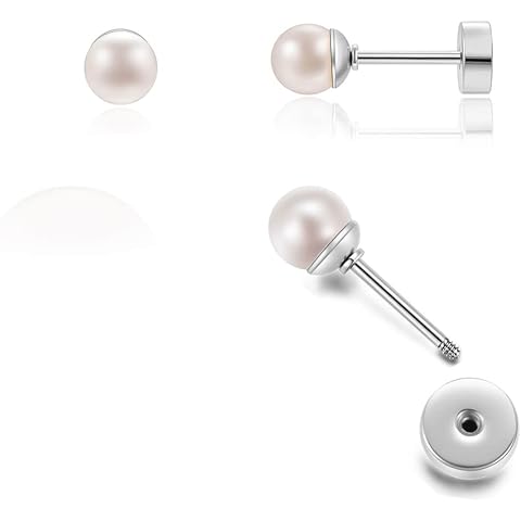 Renkovte Pearl Stud Earrings Screw Back,Flat Back Pearl Cartilage Helix Earrings 316L Surgical Steel Cartilage Piercing Jewelry Gift for Women(4mm 5mm 6mm Pearl,Gold&Silver)