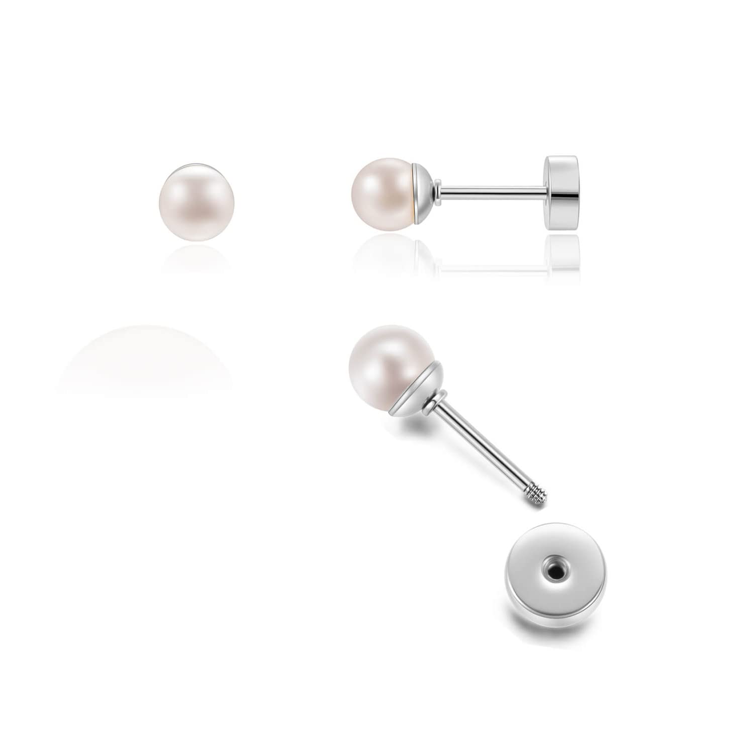RenkovtePearl Stud Earrings Screw Back,Flat Back Pearl Cartilage Helix Earrings 316L Surgical Steel Cartilage Piercing Jewelry Gift for Women(4mm 5mm 6mm Pearl,Gold&Silver)