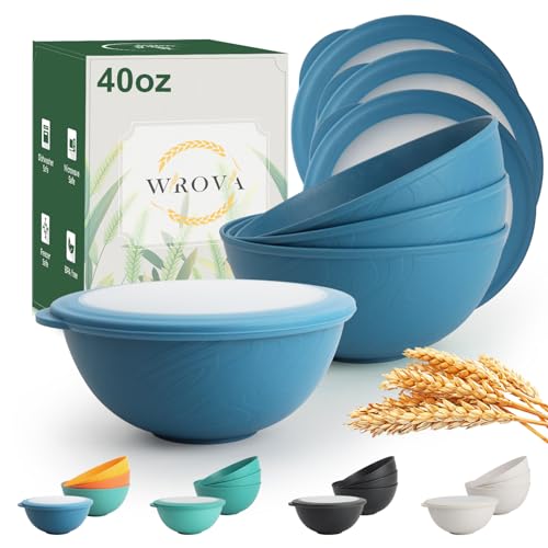 Wrova wheat straw bowls with lids set of 4, 40oz cereal bowls with covers,unbreakable salad container for lunch, dishwasher safe bowl sets for kitchen. Blue