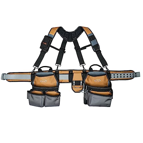 Image of MELOTOUGH Tool Belt with Suspenders Tool Bag Suspenders Framers Comb Apron Tool Belt Construction Tool Pouch Builder Heavy Duty Carpenter Suspension Rig for Electrician, Roofing,Contractor(Khaki)
