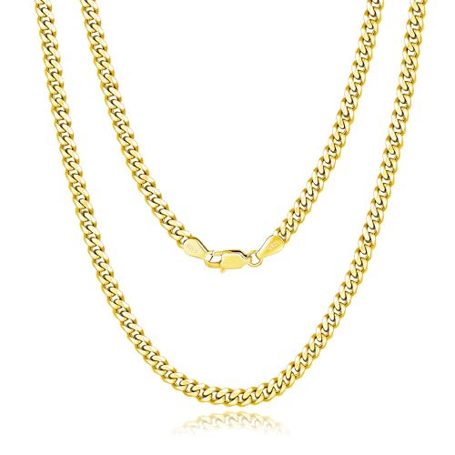 Italian Solid 18k Gold Over 925 Sterling Silver Chain Necklace - 4mm Diamond Cut Cuban Link Chain for Women & Men