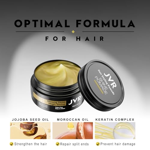 JVR Men\'s Hair Pomade, Hair Styling Pomade For Men, Strong Hold with High Shine Hair Gel Water Based Hair Cream Flake Free, Easy To Wash Out For All Hair Types