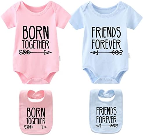 YSCULBUTOL 2-Pack Baby Twins Bodysuits Born Together Friends Forever Infant Clothes Funny Twin Unisex Romper Outfits