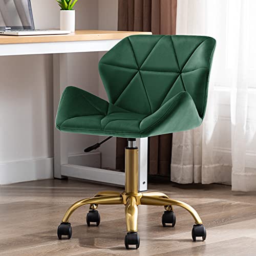 Duhome Cute Home Office Chair, Velvet Swivel Desk Chair Armless Hydraulic Rolling Computer Chair With Backrest Golden Base For Teens Girls, Dark Green #TOP1