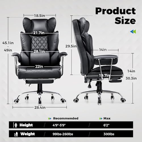 COMHOMA Big and Tall Office Chair, High Back Leather Gaming Chair with Footrest, Executive Ergonomic Office Chair with Pocket Spring Lumbar Support and with Outward Fixed Soft Armrests