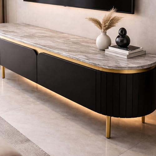Image of The Attic Carlston TV Cabinet, Solid Wood Sideboard for Living Room, Black Matte Finish with Ceramic Marble Top