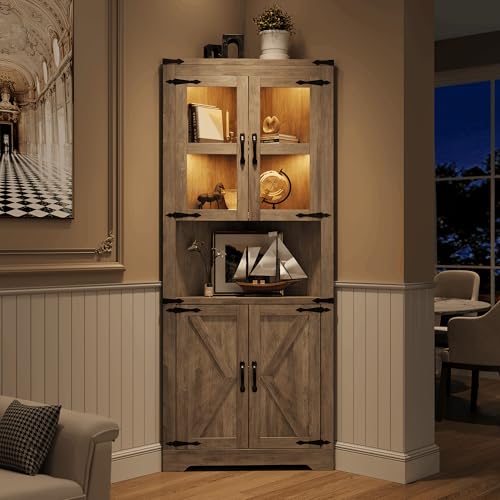 GarveeHome 67" Tall Corner Storage Cabinet with Lights, Farmhouse Corner Hutch Display Cabinet with Glass Doors, Wooden Storage Organizer for Kitchen, Living Room, Bathroom, Washed Grey