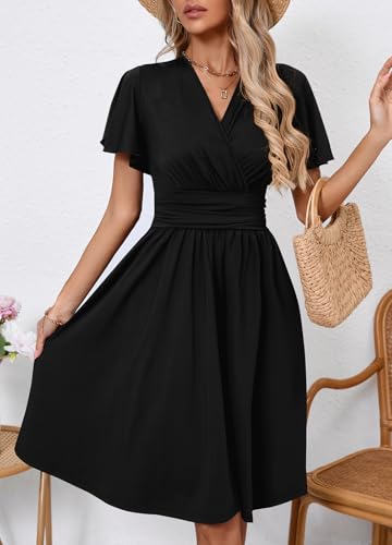 Image of Women's Casual Summer Dress V Neck Short Sleeve Flowy Stretchy Comfort Fit for Daily Wear Work Midi Dresses
