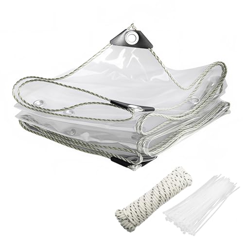 TIHOOK Transparent Tarpaulin, Waterproof Heavy Duty 450 g/m² PVC Clear Tarp Cover with Eyelets, Windproof Tear Resistant Tarpaulin with 20 Cable Ties, 10m Fastening Rope for Garden Gazebo Patio (2x4m)