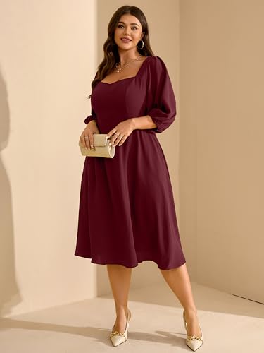 Image of RWJ Plus Size Dress for Women Fall 3 /4 Sleeve Sweetheart Neck Aline Casual Wedding Guest Formal Midi Dresses with Pockets