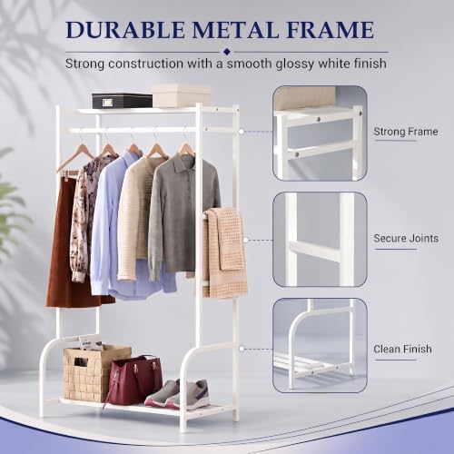 Image of Lukzer Metal Cloth Stand with Bottom Shelf | Freestanding Garment Stand for Hanging Clothes, Towels & Shoes | DIY Storage Organizer Rack for Bedroom, Laundry, Balcony & Entryway (White /80x150x43 cm)