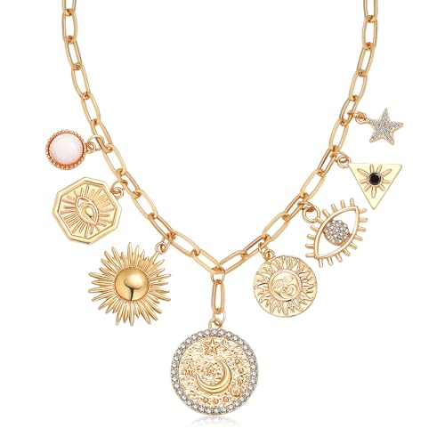 Charm-Necklace-for-Women-Gold-Evil-Eye-Sun-Moon-Flower-Coin-Pendant-Necklace-Dainty-Paperclip-Chain-Vintage-Luck-Amulet-Choker-Necklaces-Celestial-Jewelry