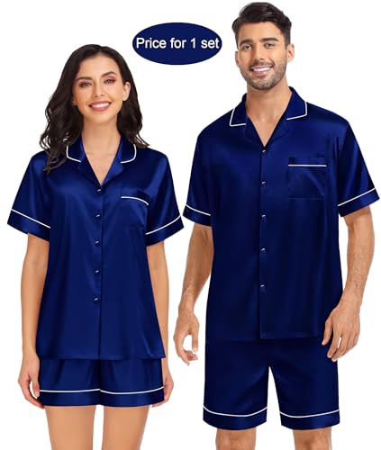SWOMOG Couples Matching Pajamas Set Satin Short Sleeve Button Down Tops Silk Shorts Pj Lounge Set Soft Sleepwear2