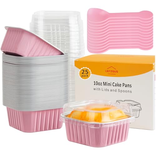 LNYZQUS Mini Cake Pans with Lids 25 Pack 10oz Small Baking Tins Foil Muffin Cups for Brownie Individual 4 Bread Pan Disposable Cupcake Containers for Valentine Holiday Bake Sale-Pink