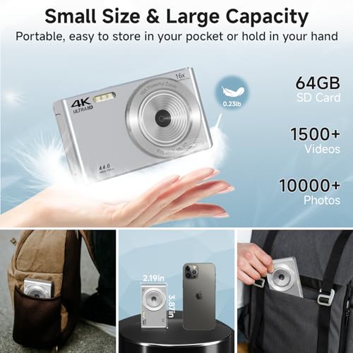 Câmera digital 2024 mais recente 4K 44 MP para adolescentes, câmera digital prata apontar e fotograf
