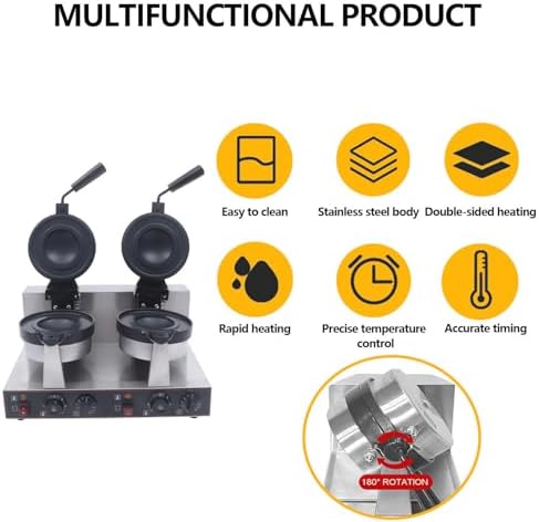 Non-Stick Double Head Waffle Press Machine, Stainless Steel Commercial Ice Cream Burger Maker with Independent Temperature Control for Home & Commercial Use