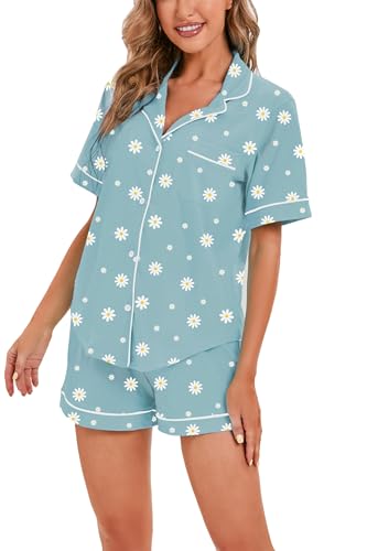 Image of LUBOT 100% Cotton Pajamas for Women 2 Piece PJ Set Button-Down Soft Knit Short Sleeve Summer Sleepwear Loungewear XS-XXL