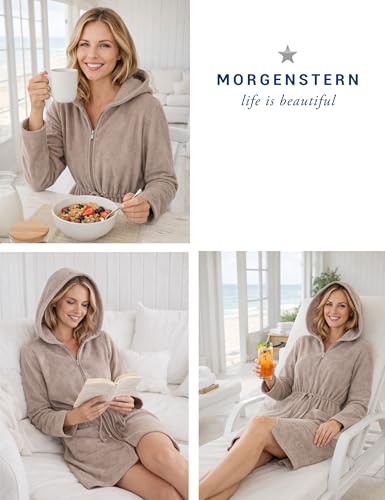 Morgenstern Bademantel Damen Reißverschluss Kapuze Frottee Leicht Kurz Emily Taupe S