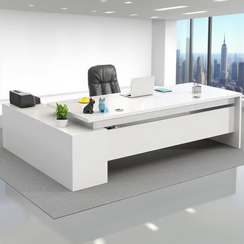 VIBRFURE Modern L-Shape Office Desk with Wood Base, Executive Desk Boss Table, Computer Desk Home Office Furniture with Drawers and Storage Shelves (White, 79" L×32" W / 200×80cm)