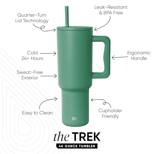 Image of Simple Modern 40 oz Trek Tumbler with Handle and Straw Lid | Cup Holder Friendly Insulated Stainless Steel Travel Mug | Basil