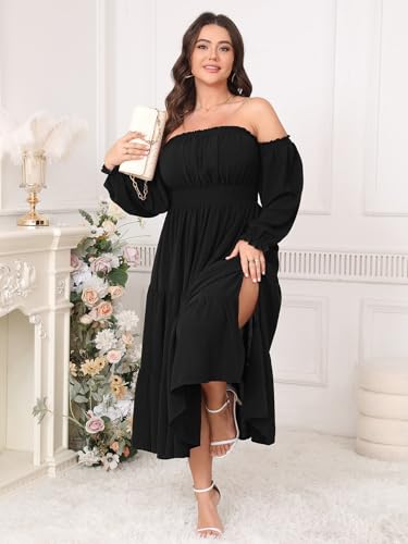 Plus Size Wedding Guest Dress Off The Shoulder Long Sleeve Smocked Slit Cocktail Party Maxi Dress for Curvy Women3