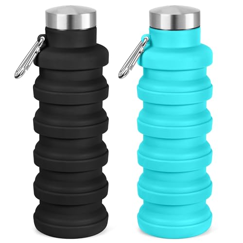 Rotayi Collapsible Water Bottles, 16oz Foldable Silicone Travel Water Bottle with Carabiner, Wide Mouth, Leak-Proof, BPA-Free for Hiking, Camping, Travel - Black+Blue