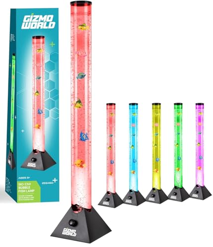 Fish Bubble Lamp Colour Changing Sensory Mood Lighting LED Novelty Bubble Tower Fish Tank Lamp Tropical Fish Design Separate Changing Colours Create Unique Sensory Experience/Black Base 90cm Tall