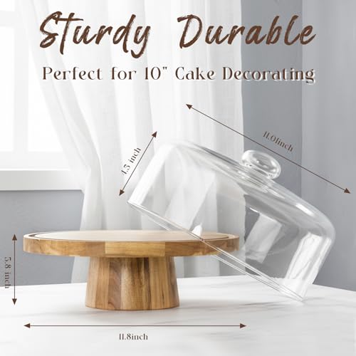 Acacia Wood Cake Stand with Lid, 12" Glass Cake Stand with Dome Cake Holder, 2-in-1 Dessert Table Display Set & Charcuterie Board for Weddings, Parties, Bakeries - Image 4