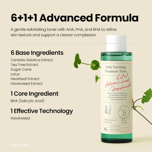 Image of AXIS-Y Daily Purifying Treatment Toner with Salicylic Acid & Centella Asiatica - Pore Minimizer, Oil Control & Blemish Treatment Face Exfoliator - Vegan Korean Skin Care BHA Toner - 200 ml