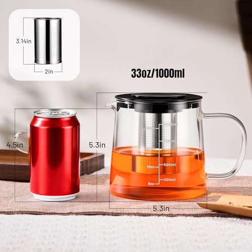 Image of PARACITY Glass Teapot Stovetop 33OZ, Borosilicate Clear Tea Kettle with Removable 18 /8 Stainless Steel Infuser, Teapot Blooming and Loose Leaf Tea Maker Tea Brewer (transparent-scale, 34oz)