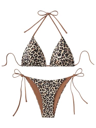 GORGLITTER Women's Leopard Print Swimsuits Halter Triangle Tie Side Bottom 2 Piece Sexy Bikini Sets Brown Medium