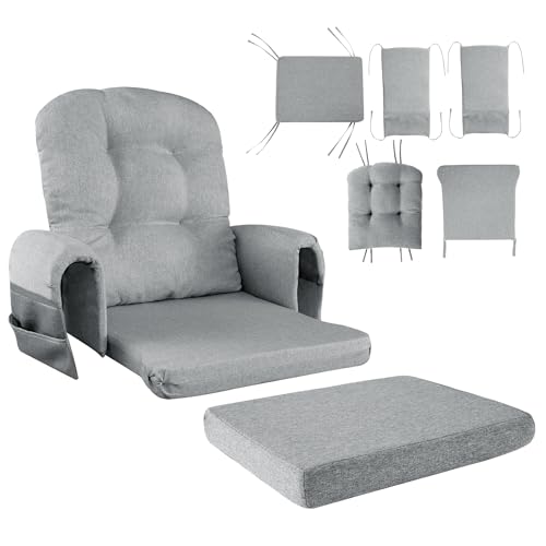 HOMBYS 5 PCS Glider Rocker Replacement Cushions with Storage Side Pocket, Linen-Like Fabric, Foam & Microfiber Filling, Non-Slip & Washable, Thickened & Supportive for Glider Rocking Chair, Grey