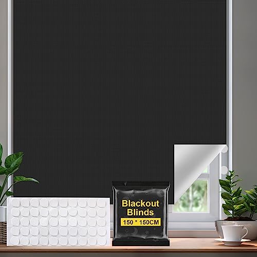 REKALRO Portable Blackout Blind 150x150cm, 100% Blackout Material Cut to Size Blinds Stick on Window No Drill Blinds Curtains, Temporary Blackout Blinds for Bedroom, Nursery, Loft, Travel RV Car