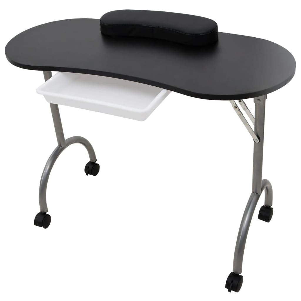 Mesa de manicura plegable con ruedas color negro, kit de manicura para el hogar y viajes, mesa de cuidado de uñas con cojín de muñeca, cajón, bolsa de transporte, para juego de uñas, cortaúñas