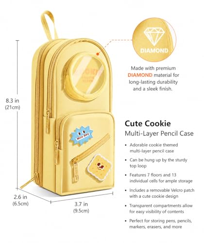 Image of WORSHIPER Cute Backpack Style Pencil Case with Visible Display Window, Multi-Layer Large Capacity Stationery Organizer for Kids & Students (SODA Crackers-Yellow POCH)