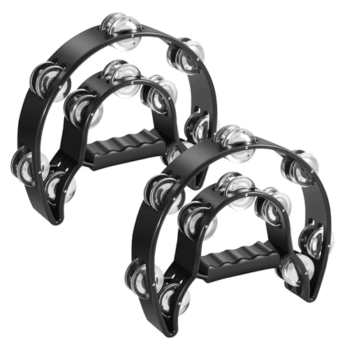 Flexzion Tamburin, Handtrommel - 2er-Pack, 25cm Schellenkranz mit Handgriff, Musik Schlaginstrument, zweireihig Schellenring in Halbmond-Form Rahmen, mit 20 Paar Metall Schellen, Schwarz