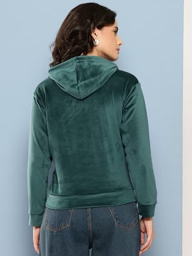 Image of Aarika Womens Winter Wear Green Colour Printed Velvet Hoodie