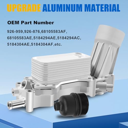 926-959 Upgraded Aluminum Engine Oil Cooler Filter Housing with Sensors and Gaskets Fit for 2011-2016 Chrysler 200 300 Dodge Ram Avenger Challenger Jeep Wrangler 3.6L V6 (68105583AF w/Plastic Cap)