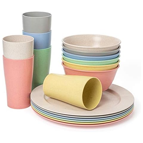 Euodia Wheat Straw Plastic Dinnerware Sets for 6 (Dinner Plates, Bowls & Cups) - Dishwasher & Microwave Safe – Unbreakable Reusable Lightweight Eco Friendly BPA Free – Outdoor Camping Dishes Cover