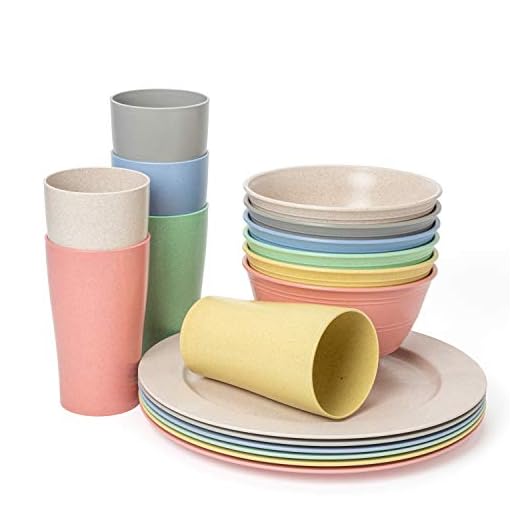Euodia Wheat Straw Plastic Dinnerware Sets for 6 (Dinner Plates, Bowls & Cups) - Dishwasher & Microwave Safe – Unbreakable Reusable Lightweight Eco Friendly BPA Free – Outdoor Camping Dishes
