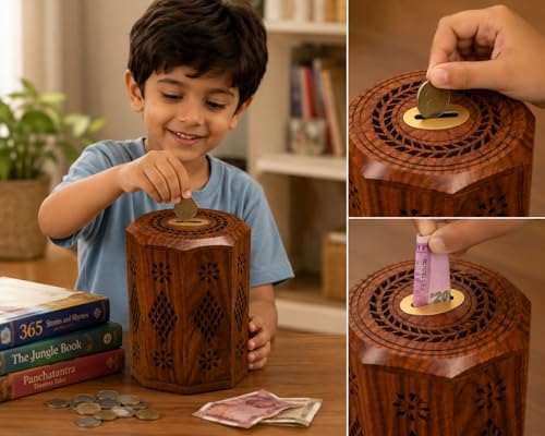 Image of Sheesham Wood Hand Crafted Master Size Large Piggy Bank | Gullak for Adults | Money Bank | Wooden Coin Bank for Boys and Girls - Open from Bottom Screw Plate- 7.5inch