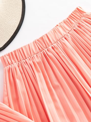 Image of Hilinker Girls Pleated 2 Piece Summer Outfits Cute Cami Top and Wide Leg Pants Clothing Set Pink 7-8 Year